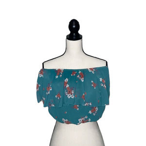Full Tilt Womens Top Large Green Floral Print Crop Off Shoulder Belly Baring